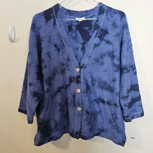 J. Jill Pure Jill Blue Tie Dyed Deep V-Neck Cotton Cardigan Size Small